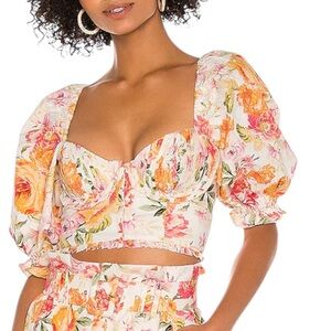 For love bell Floral Sweetheart Crop Top with Puff Sleeves White/Orange Pink med